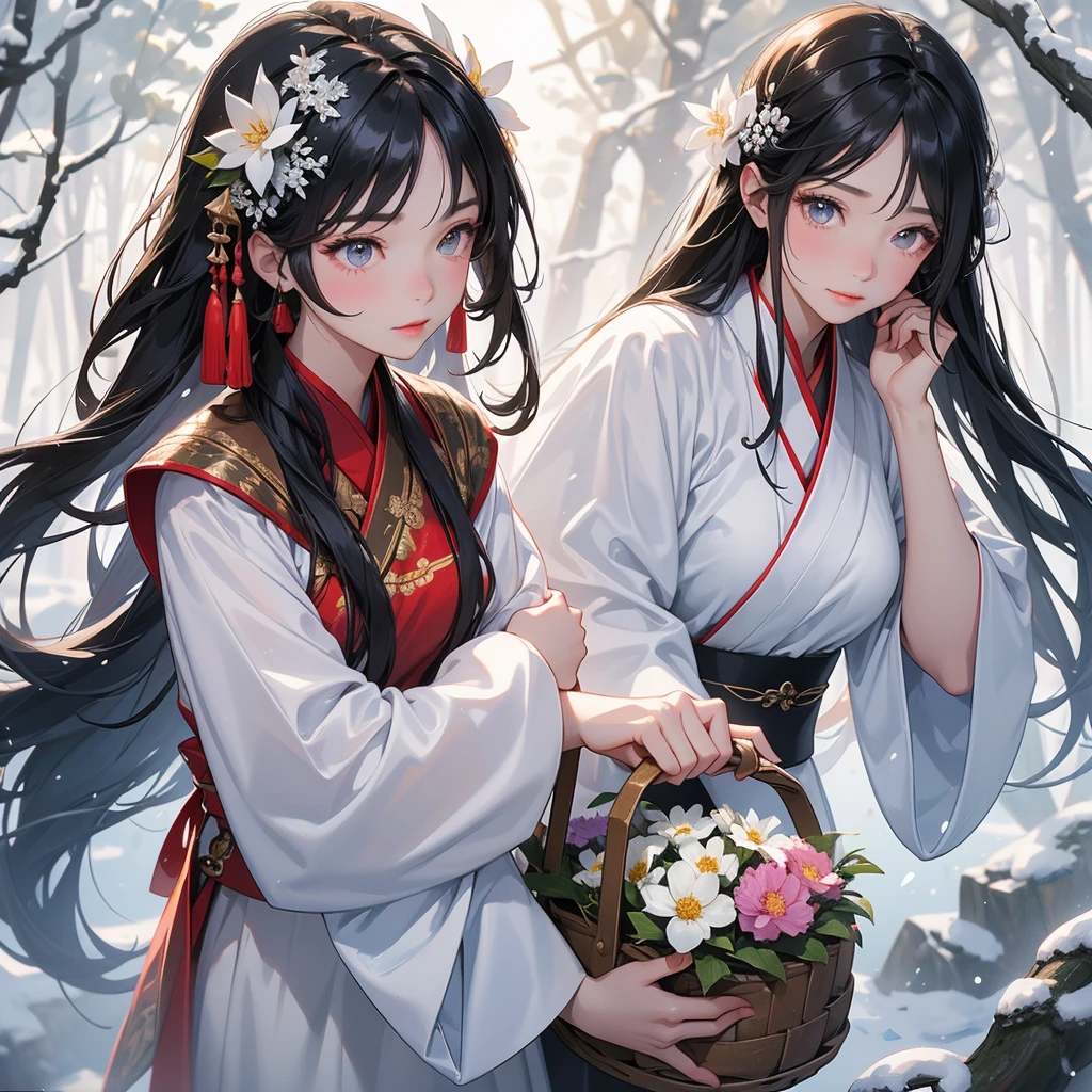 A beautiful girl with black long hair, In ancient Chinese clothing , holding a basket full of flowers in a forest covered in white snowstorms. A very strong blizzard The trees were completely covered with white snow, with the sun shining on her face, close up.