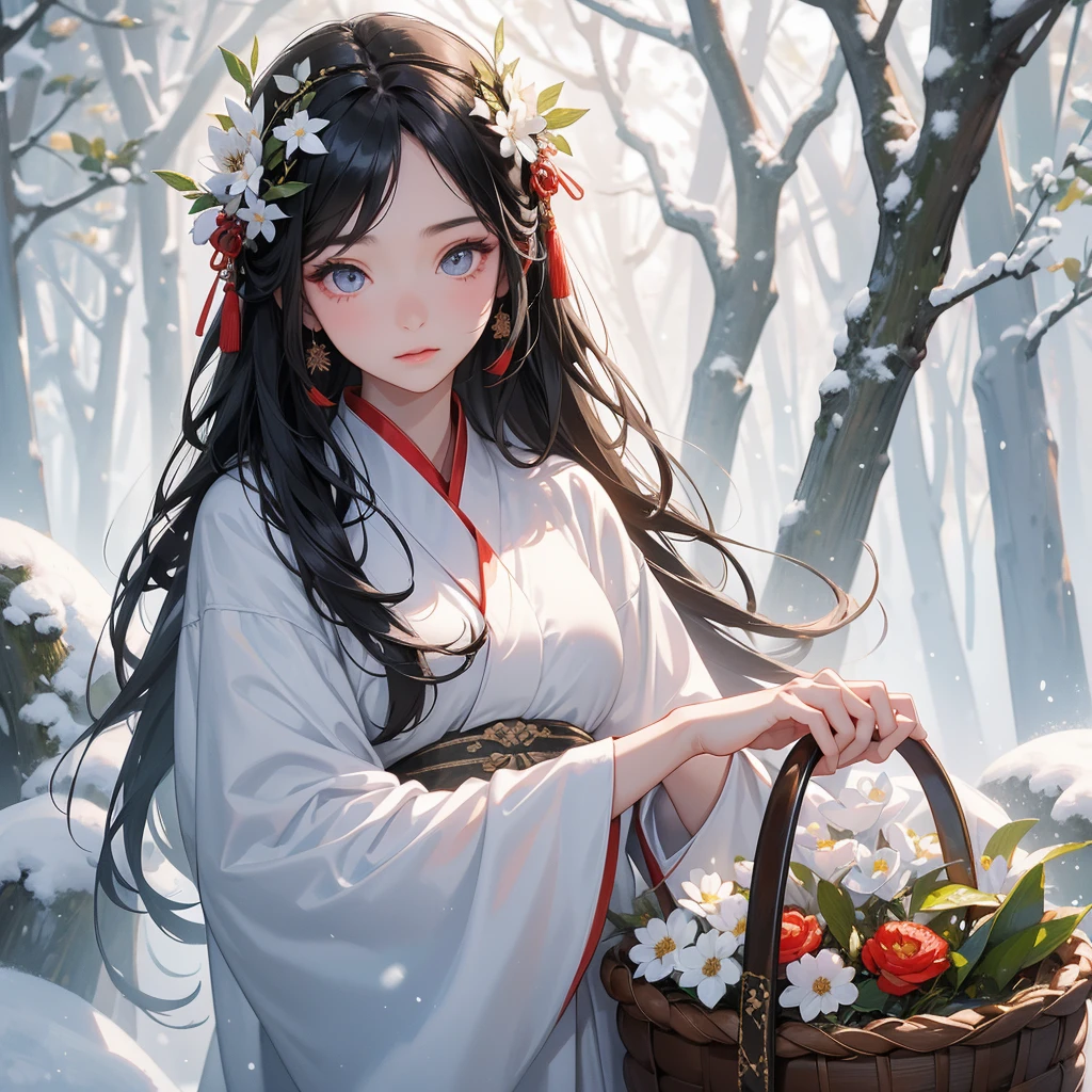 A beautiful girl with black long hair, In ancient Chinese clothing , holding a basket full of flowers in a forest covered in white snowstorms. A very strong blizzard The trees were completely covered with white snow, with the sun shining on her face, close up.