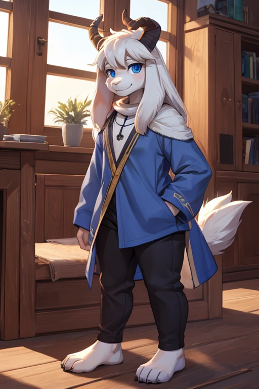 girl, alone, white background, hairy, anthropomorphic goat, den, animal body, asriel, undertale, medium breasts, big ass, medium wide hips, slender body, tall stature, green eyes, cartoon, smile, blue coat, black t-shirt , brown pants, facing the viewer, barefoot, anthro feet.