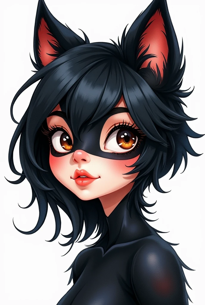 women, black fur, 20 years, Spanish, White background, watercolor cartoon style, Flat colors