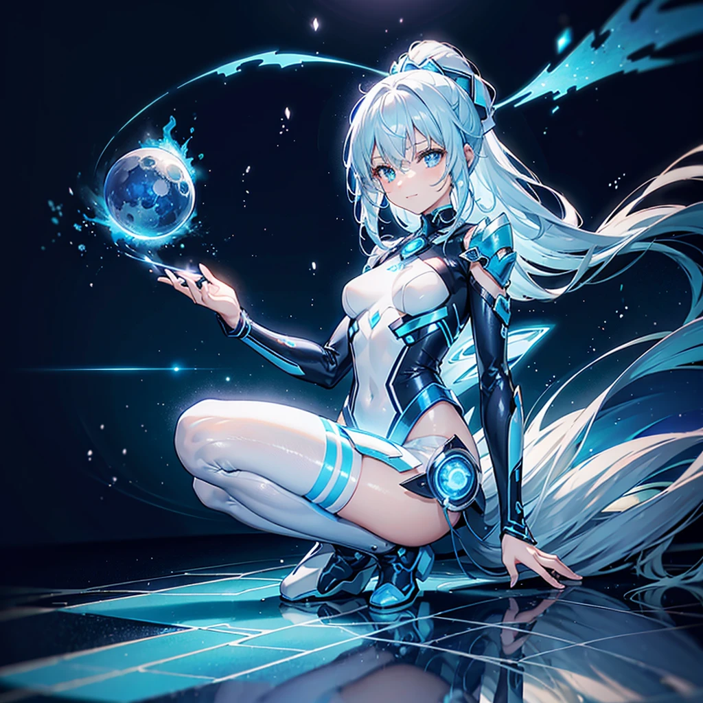 ((Holographic glow effect)),8k, Highest quality, (real:1.4), Original photo, 1 person, Asari Hair, Biological Amplifier, Very sleek and futuristic armor, posture: Peace talks between warring factions,,attention arousal, smart blue eyes,A modest smile,Knee-high boots,Patent-look blue tights,Blue big moon and blue light swirl in the background,Blue light from behind,blue light magic,A small, glowing blue ball in the palm of your hand,Blue flame swirl,Blue Comet,Polished floor,
