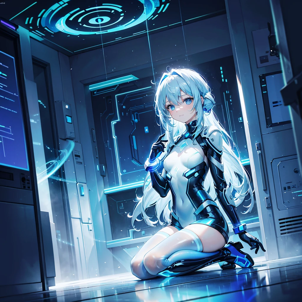 ((Holographic glow effect)),8k, Highest quality, (real:1.4), Original photo, 1 person, Asari Hair, Biological Amplifier, Very sleek and futuristic armor, posture: Peace talks between warring factions,,attention arousal, smart blue eyes,A modest smile,Knee-high boots,Patent-look blue tights,Blue big moon and blue light swirl in the background,Blue light from behind,blue light magic,A small, glowing blue ball in the palm of your hand,Blue flame swirl,Blue Comet,Polished floor,