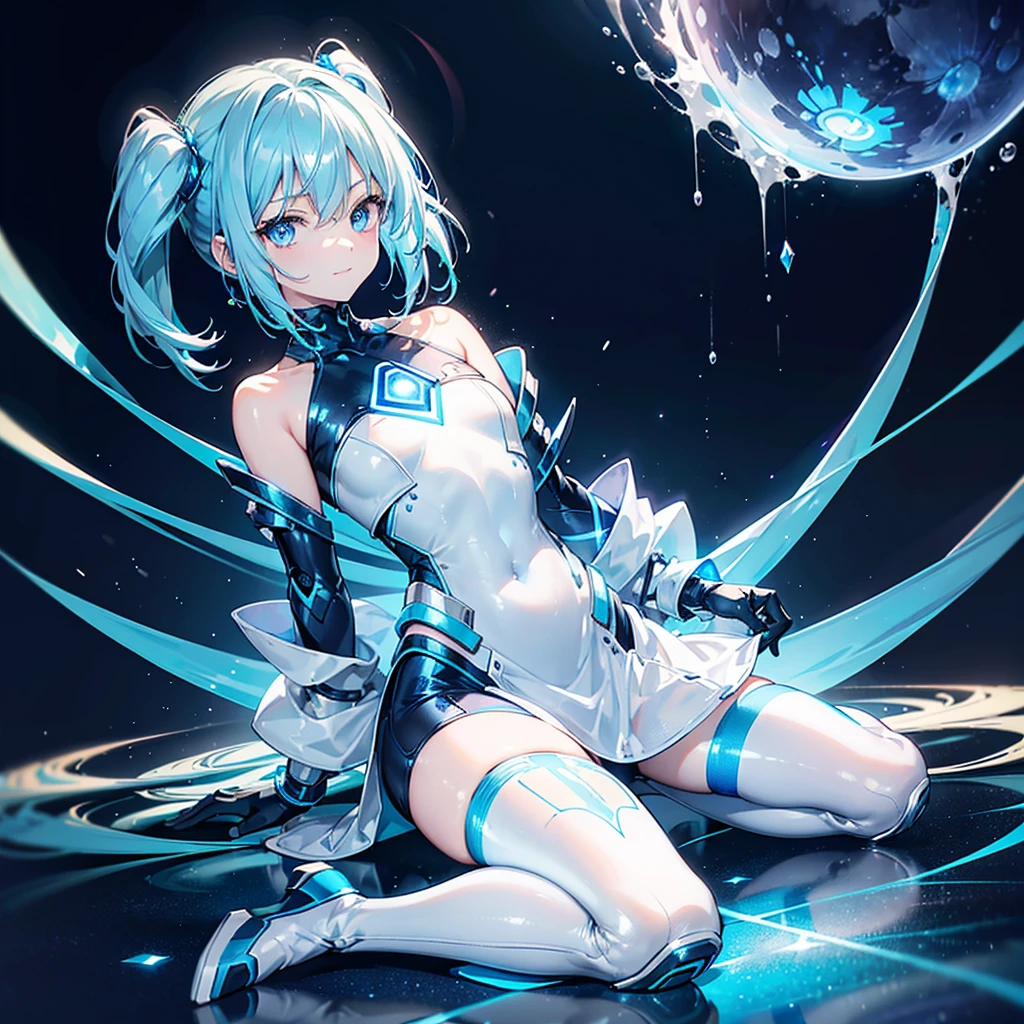 ((Holographic glow effect)),8k, Highest quality, (real:1.4), Original photo, 1 person, Asari Hair, Biological Amplifier, Very sleek and futuristic armor, posture: Peace talks between warring factions,,attention arousal, smart blue eyes,A modest smile,Knee-high boots,Patent-look blue tights,Blue big moon and blue light swirl in the background,Blue light from behind,blue light magic,A small, glowing blue ball in the palm of your hand,Blue flame swirl,Blue Comet,Polished floor,