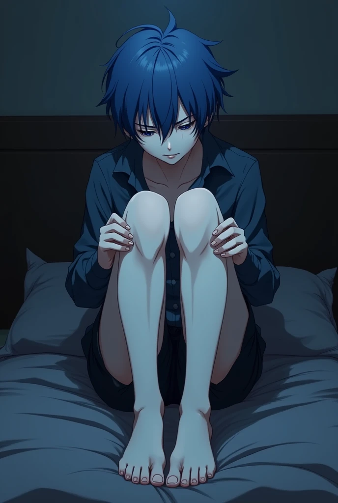 Emo anime boy, pale skin, blue hair, sitting on bed, barefoot, nice feet, aesthetic feet, showing the soles of her feet, correct fingers, putting feet on a dark-skinned boy