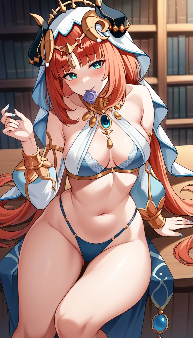 library, huge ass, medium breasts, Score_9, score_8_up, score_7_up, score_6_up, source_anime, rating:general, 1girl, beautiful woman, mature, beautiful body, curvy, white skin, front view, looking at viewer, excited, seductive look, seductive smile, sexy pose, slut, horny, condom in mouth, 1 girl, nilou \(genshin impact\), bra, thong, 8k, high quality, wallpaper