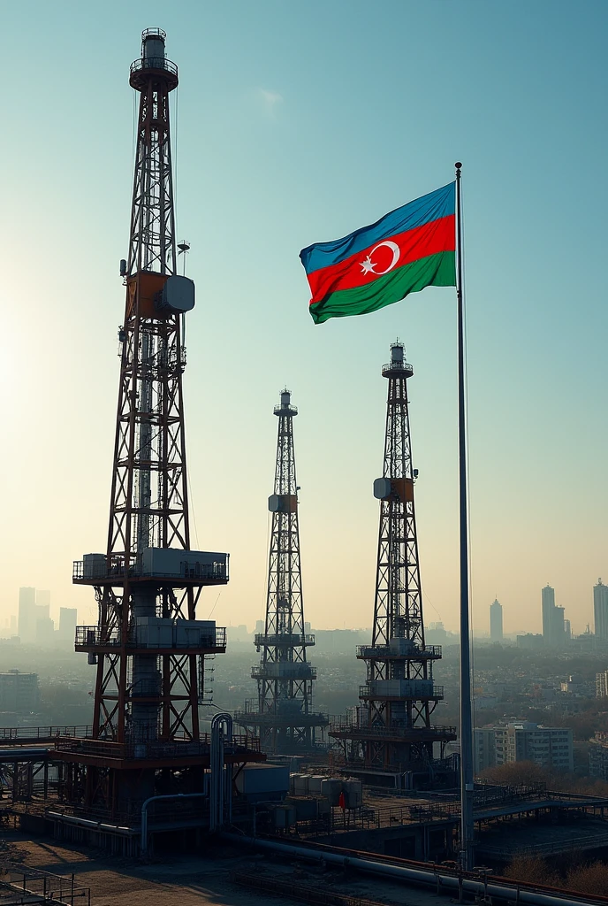 I want a photo of oil wells and a small Azerbaijani flag in the city of Baku