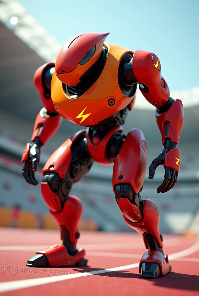 Create an Olympic mascot of a character who is about to start a race, It must be a robot that has the colors red and yellow and on its chest it must have the logo of a lightning bolt