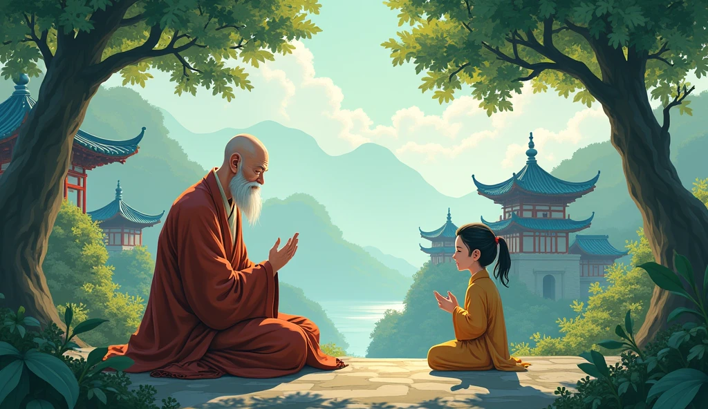 Old bald chinese monk sensei, trees, beautiful scenario, peaceful, surrounded by temples, in anime style, teaching to desciple,