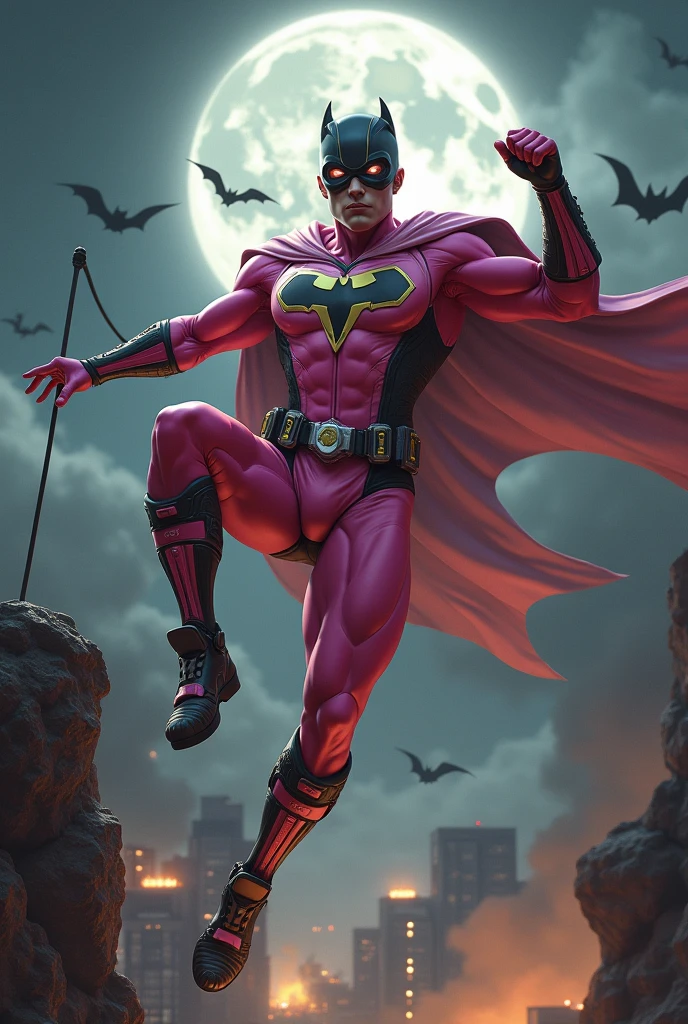 Malaysia man in high-tech suit, vivid effects, malaysian superhero (KELUANG MAN) in a striking pink and brown beige costume cyberpunk design((, mask small mini bat ear beige,)) daredevil beige mask, jumpsuit dark pink stands confidently in a dramatic.jumping from high place.hero costume.one hand rise up. (Big triangle logo on the chest.high detail Punisher logo on the chest)). Fighting pose , stormy landscape. ((Head covered node guard like batman. Running pose , athletic body type, small mini ear bat mask))The character wears domino mask a helmet with pointed mini torn ears and a flowing cape biege, open nose and mouth. Equipped with visible futuristic weapons on a belt,bullet proof jacket pink dark day.show fingers pose, dark night, big supermoon effect . Small logo on chest triangle shape small punisher logo center triangle cyber logo center on chest pink logo mini logo . rocky. Building top.smoke ground , bomb effect background, losse pants, losses costume.adding to --ar 3:4 --style raw --stylize 500 --v 6.1. chaos. Lot of small flying bat. One leg on the high stone. Man. Backpack . Real man age 40 year old. One hand holding belt.one hand holding black rope hanging on building