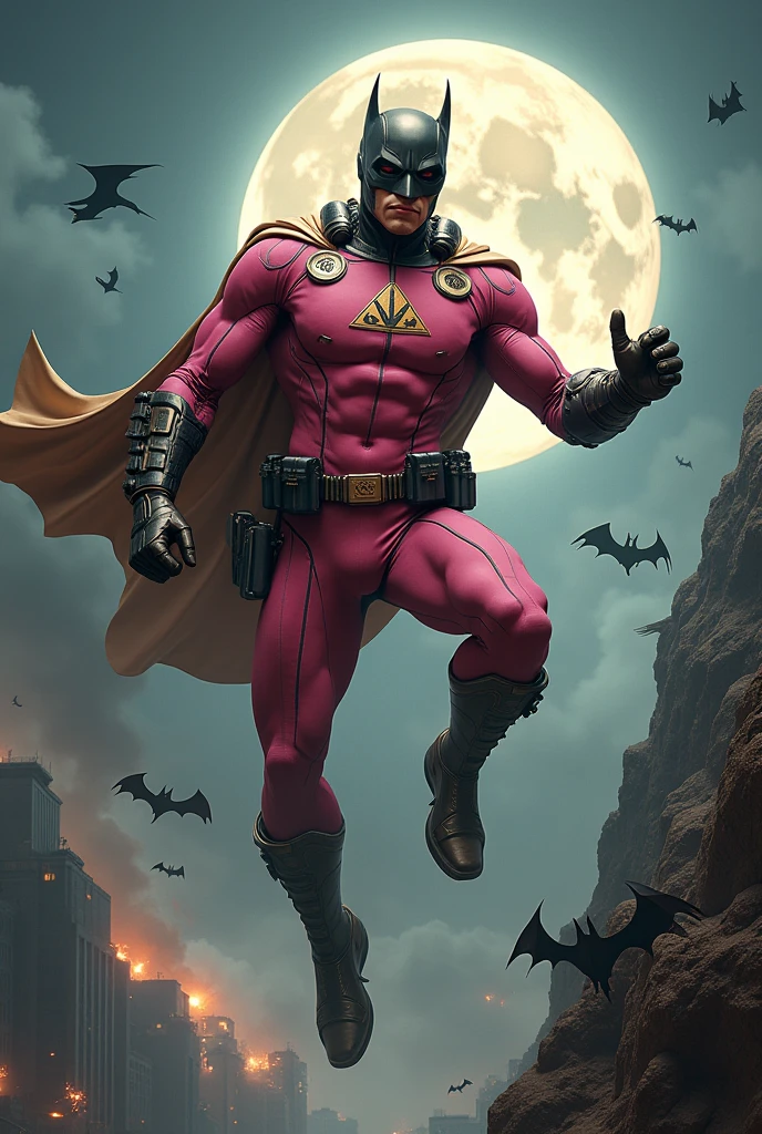 Malaysia man in high-tech suit, vivid effects, malaysian superhero (KELUANG MAN) in a striking pink and brown beige costume cyberpunk design((, mask small mini bat ear beige,)) daredevil beige mask, jumpsuit dark pink stands confidently in a dramatic.jumping from high place.hero costume.one hand rise up. (Big triangle logo on the chest.high detail Punisher logo on the chest)). Fighting pose , stormy landscape. ((Head covered node guard like batman. Running pose , athletic body type, small mini ear bat mask))The character wears domino mask a helmet with pointed mini torn ears and a flowing cape biege, open nose and mouth. Equipped with visible futuristic weapons on a belt,bullet proof jacket pink dark day.show fingers pose, dark night, big supermoon effect . Small logo on chest triangle shape small punisher logo center triangle cyber logo center on chest pink logo mini logo . rocky. Building top.smoke ground , bomb effect background, losse pants, losses costume.adding to --ar 3:4 --style raw --stylize 500 --v 6.1. chaos. Lot of small flying bat. One leg on the high stone. Man. Backpack . Real man age 40 year old. One hand holding belt.one hand holding black rope hanging on building