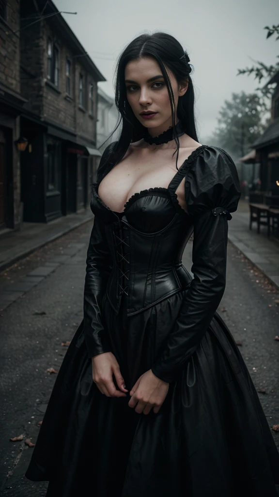 Award-winning color photograph of a Victorian vampire... cherrynobodysd15+ wearing a black dress, leather corset, Dark Mist Village, the night, SINISTER, A Grim Premonition, mist, Moonbeams, Bright, inviting eyes, pale skin, (black hair)+, Shallow depth of field, High contrast, Backlighting, bloom, chromatic aberration, Smooth, sharp-focus, Shot on a mirrorless camera