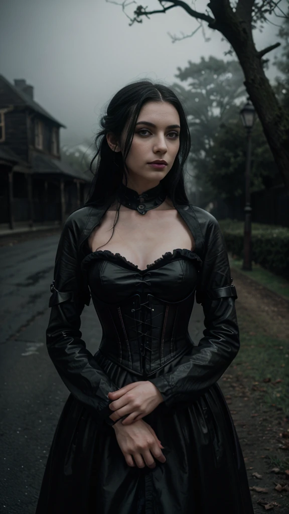 award winning RAW color photo of victorian era vampire cherrynobodysd15+ wearing black dress leather corset, dark foggy village, night ominous dark foreboding, mist, moonrays, vivid alluring eyes, pale skin, (black hair)+, shallow depth of field, high contrast, backlighting, bloom, chromatic aberration, smooth, sharp focus, taken on a mirrorless camera