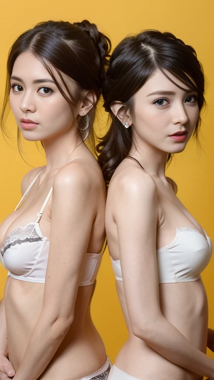 2 girls, small breasts, , realistic, cute panties and bra, photoshot, Earrings, (((Trendy hairstyles)))