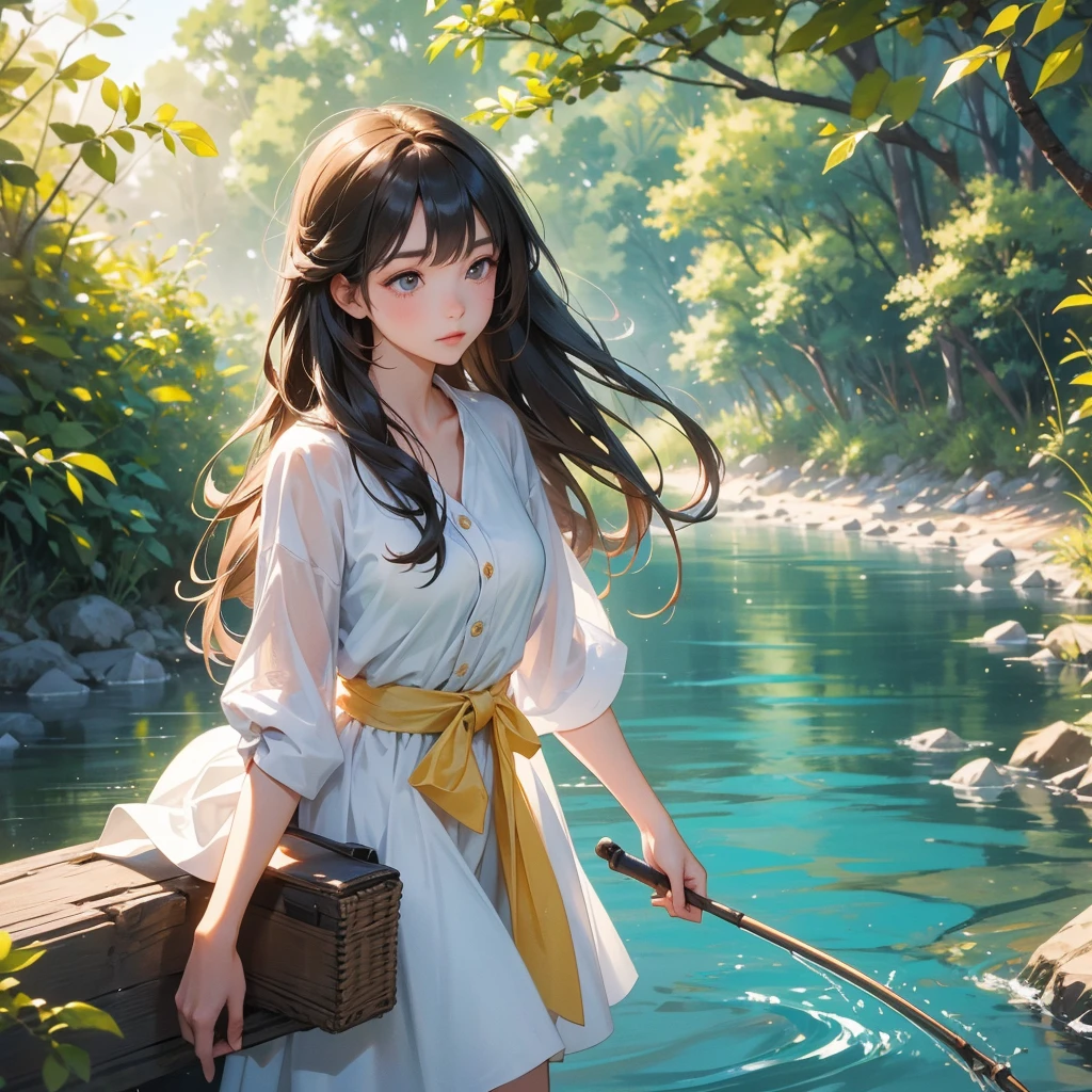 A beautiful girl with long hair, she is fishing along the stream near the river that flows by, with the sun shining on her face.