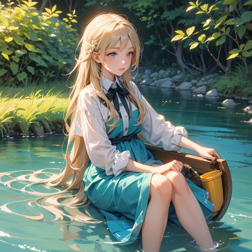 A beautiful girl with long hair, she is fishing along the stream near the river that flows by, with the sun shining on her face.