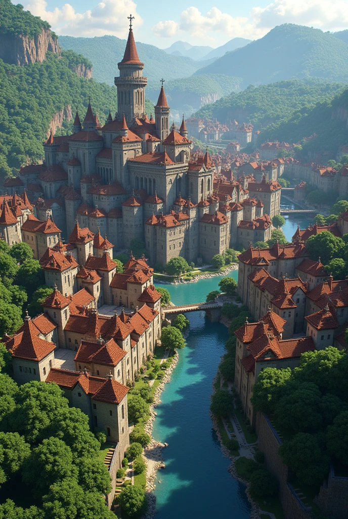 Aerial image of a large medieval city with a river running through the middle of the city in Minecraft