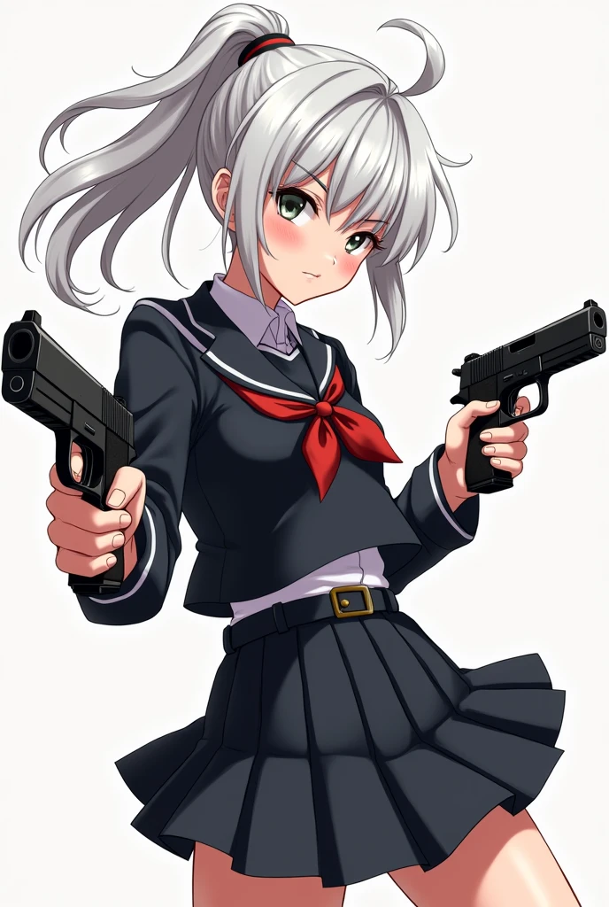 White ponytail anime girl wearing black school uniform while holding dual pistols
