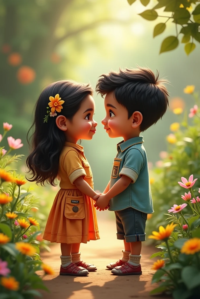 A boy and a girl are standing in a garden. The boy's name is Rohan. His shirt has a patch with his name on the pocket and the girl's name is Muskan. She also has a patch with her name on the pocket. The name on his pocket is clearly visible