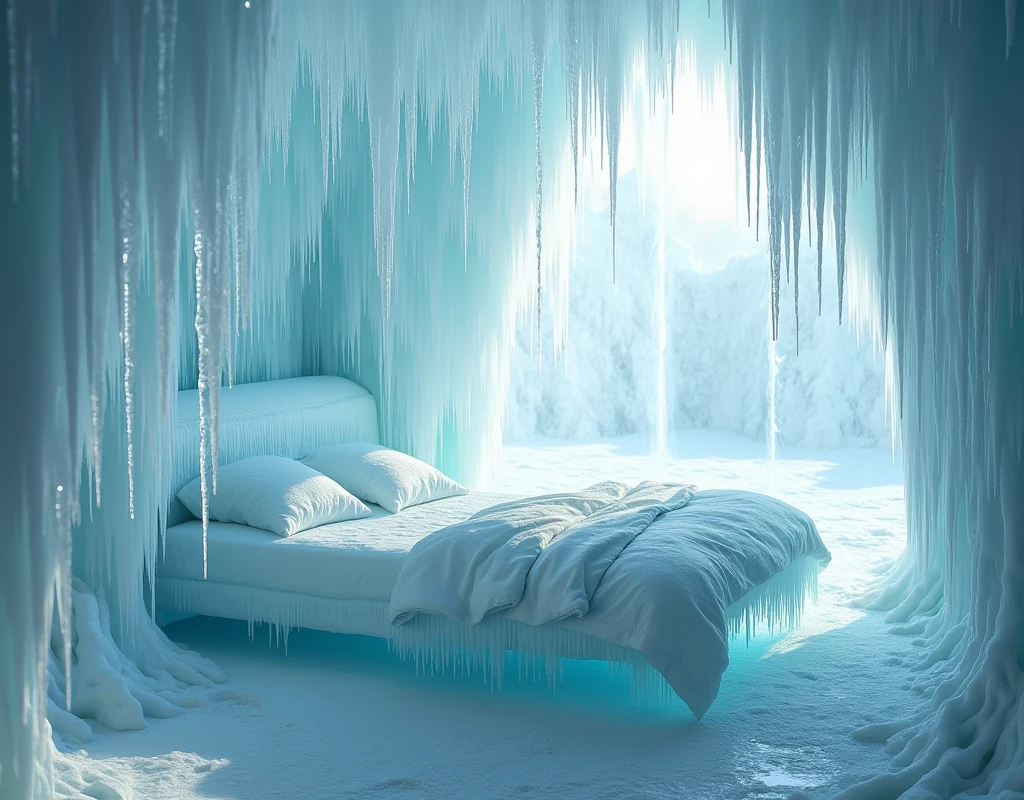 We need an image which is of a bed and ice is falling from all sides of that bed and the bed is also made of ice. Highlighted Sunlights 