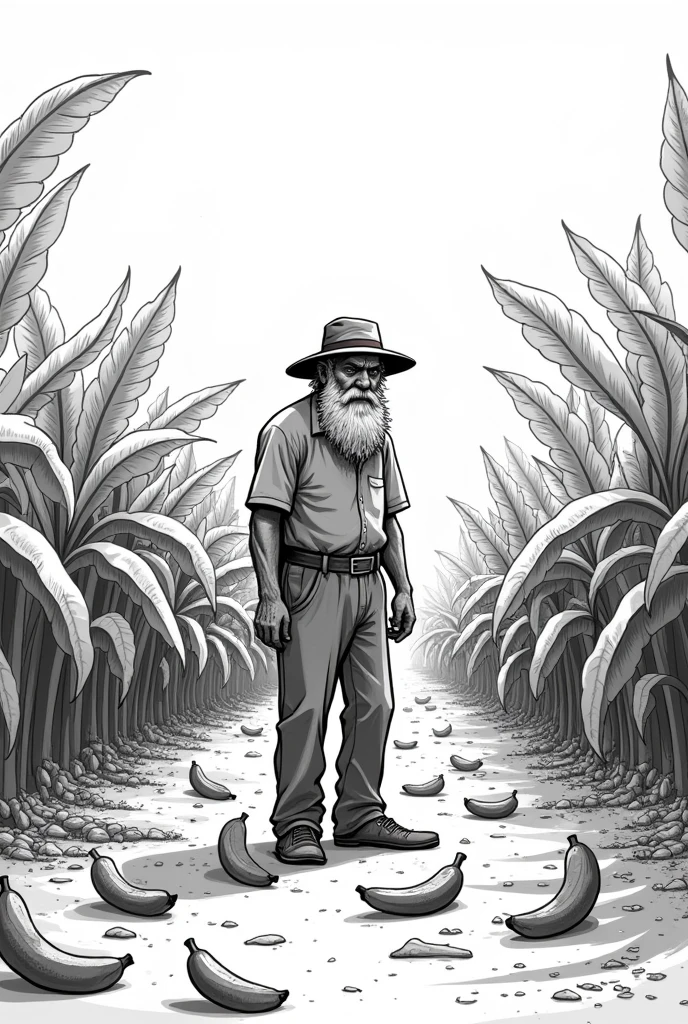 Create an easy to draw black and white drawing, of a slightly older man with a beard and a hat, worried and sad, in a banana plantation as he found them destroyed and fallen to the ground, On the ground you throw out fallen bananas and make the man sad and worried while he watches them , Put a hat on him and more bananas on the ground , That image is fine, just put what I just told you. , He places banana plants around him and the man looks at the bananas on the ground with sadness , Place more bananas on the ground and watch them. , but put them all down , Take them away from being together and put them individually but quite a bit , Place the man in a standing position but staring at the bananas on the ground, with a sad face , Place the smaller bananas . Put more bananas and the man looks sad