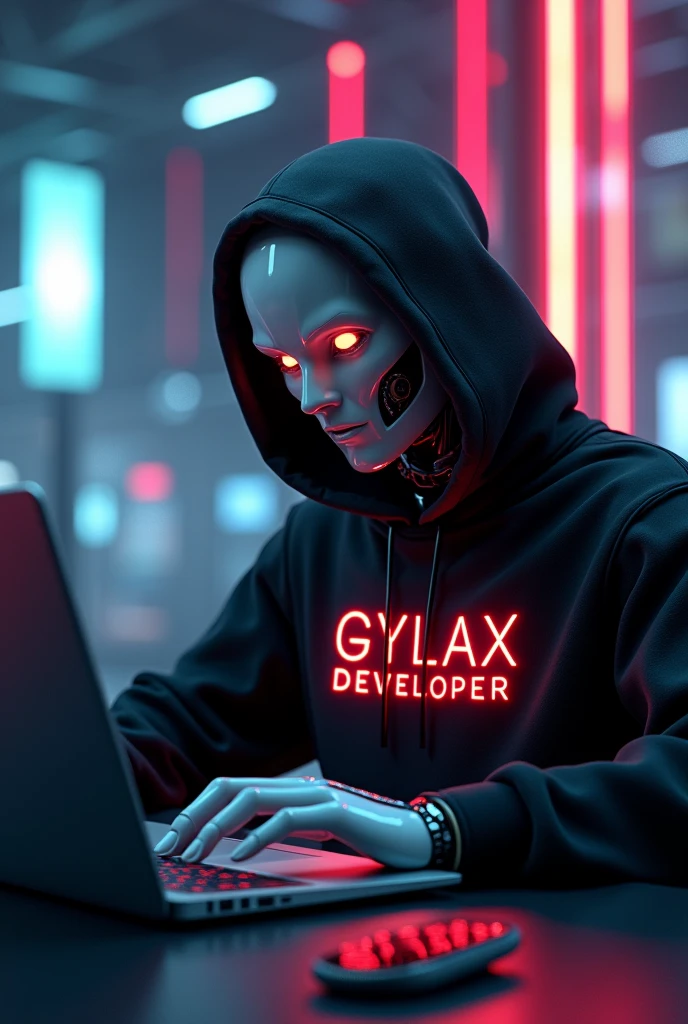 GIVE A FUTURISTIC BACKGROUND ON WHICH A Humanoid robot sitting DOING CODING ON A
Open  LAPTOP  , wearing a BLACK HOODIE WHICH HAVE A TEXT APPEAR IN NEON Red COLOR  TEXT IS 
"G   Y   L   A   X "  " DEVELOPER   "  IN CLEAR WORDS VISIBLE TO US
  IT SHOULD BE IN capital letter,, 
IT SHOULD BE GYLAX NOT GALAXY 
Humanoid robot face half covered with hoodie
Humanoid robot background should be  attractive 
Humanoid robot 
Best looking image but I want it one watch and be a fan of it
Give a face to it  half covered with hoodie 
HALF FACE COVERED WITH HOODIE 