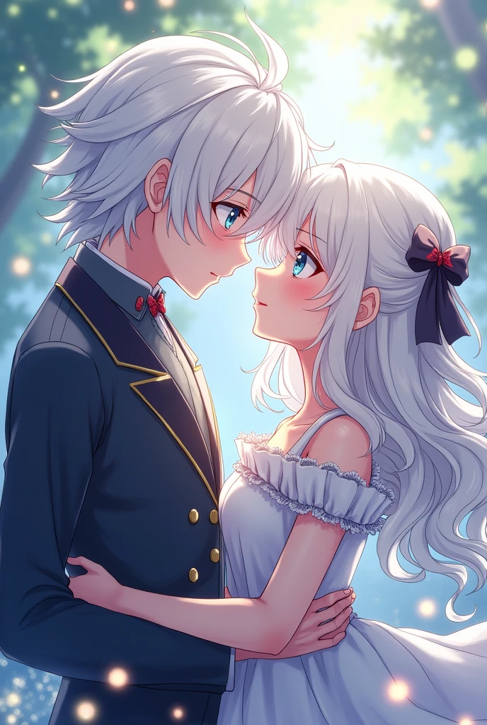 An anime girl about , her hair is white, curly and very long, her eyes are crystal blue, her hair is loosely tied with a bow. I wanted a photo that looked like a couple with the character Rengoku Kyojuro from Kimetsu no Yaiba