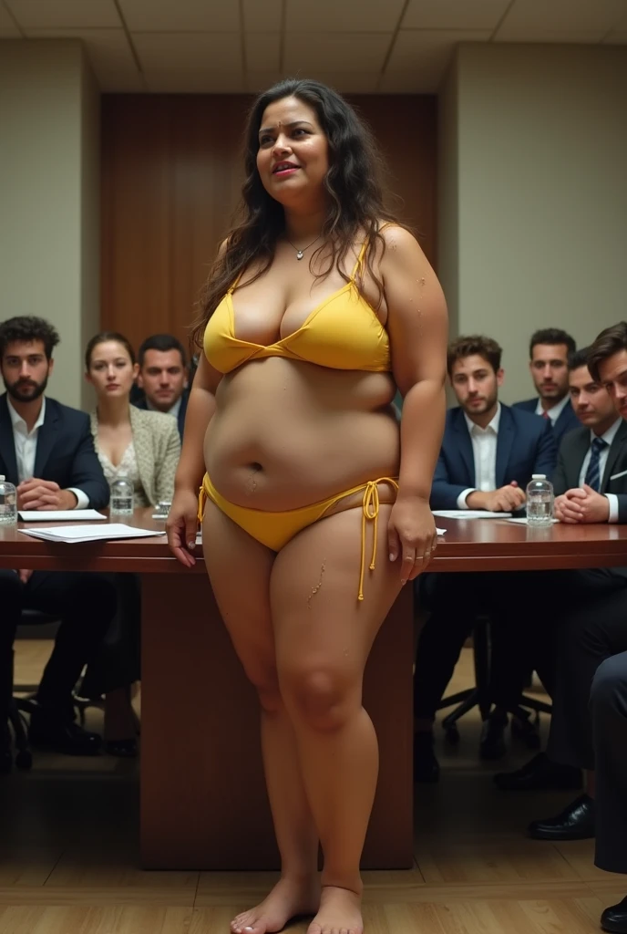 Create a realistic photo of a woman, slightly chubby, wearing a small yellow bikini that fits very tightly. Her skin shows visible sweat dripping down her body. She is barefoot, with slightly dirty feet, and is standing in a corporate boardroom, explaining a topic to a group of people. The room is formal and professional, with a large table, and the people around her are dressed in elegant business attire, attentively listening to her. The photo captures the scene from a side profile, emphasizing the contrast between her informal attire and the formal setting. The woman has a worried expression on her face as she presents the topic, reflecting a sense of tension or concern in this unexpected environment.