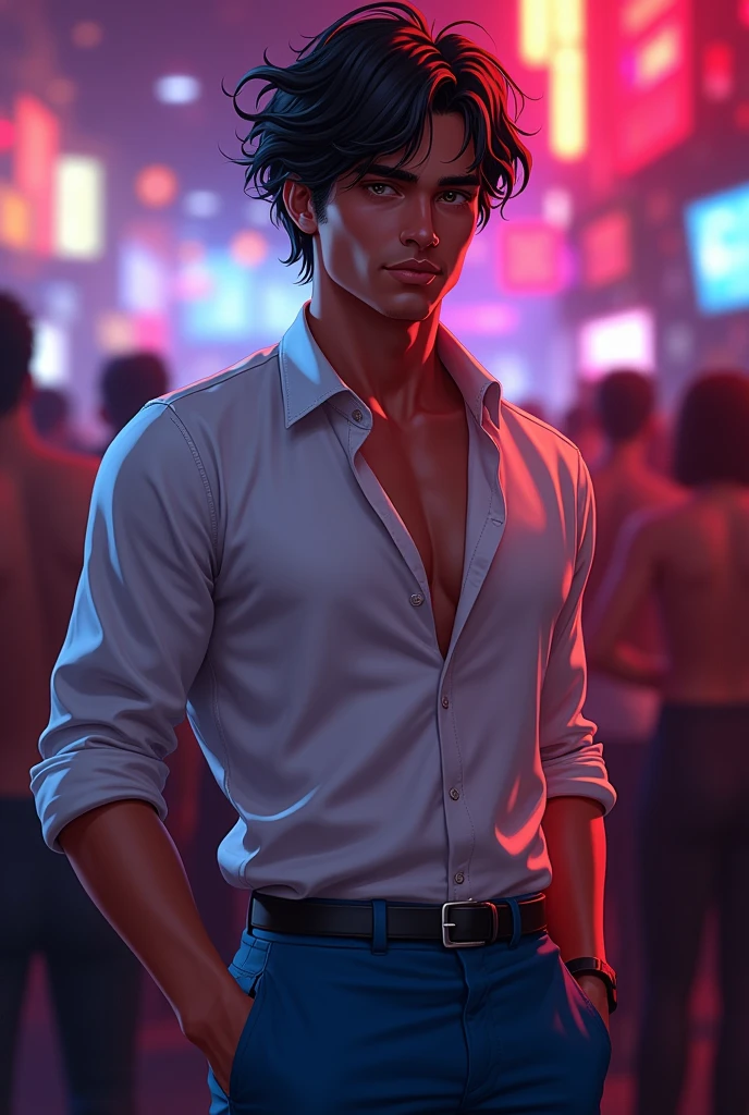 Young man with black hair faded in Spain in a nightclub with a white shirt and blue pants 