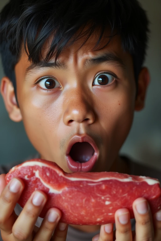 Real photo. close up. Indonesian young man face shocked expression. holding a peek into a piece of red meat. Ultra-realistic 8K photograph, shot with a Leica Q2, strong color contrast and sharp clarity --ar 9:16 --quality 2 --