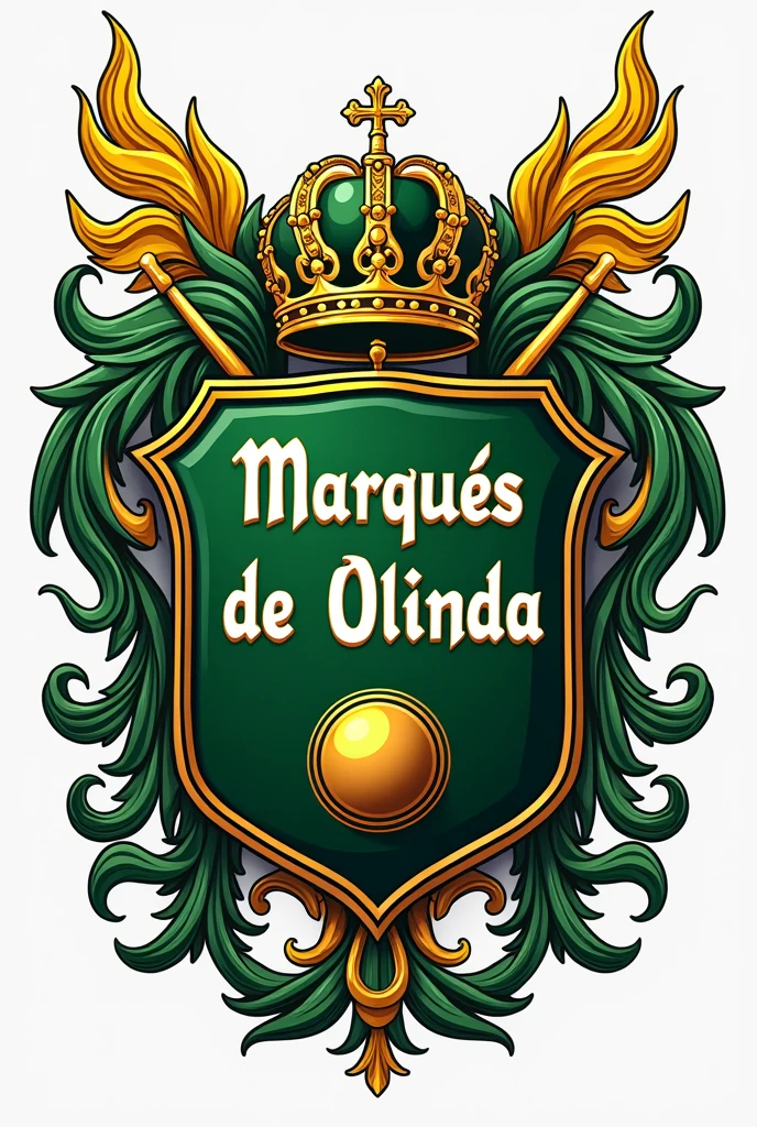 Coat of arms for marching band percussion with the name Marquês de Olinda in green colors, amarelo e branco