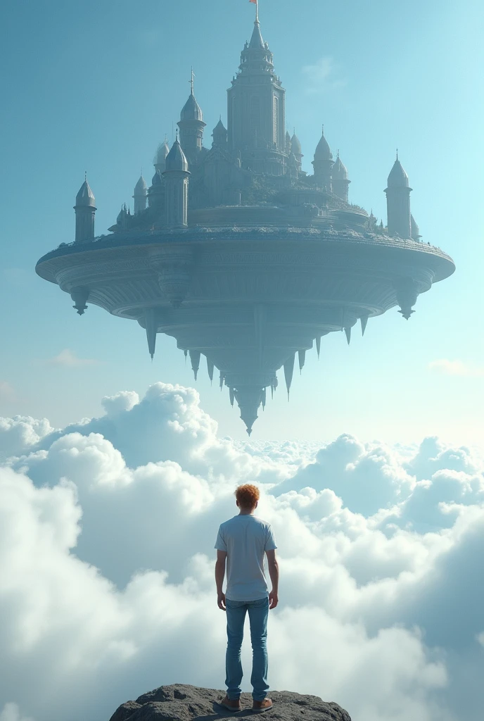 The endless plain covered of cloud. A cinematic medium shot of a man with reddish-blonde hair wearing a t-shirt and jeans. He is between the fluffy white clouds, knee-deep in clouds, and looking at a beautiful, magnificent flying fantasy city with intricate details. The city is floating in the air above the clouds.  The background is a clear blue sky. The city has a heptagonal symmetrical shape, the corner towers are connected to the central part by galleries and passages. The city is both a defensive structure and a masterpiece of architecture. It has a futuristic look, but at the same time fantasy fairy tale outlines. (high resolution, high detail, best quality),
(masterpiece:1.2,Highest quality,Ultra-high resolution,Very detailed,Realistic,Ultra-high resolutionのカメラ),8k,wallpaper, A cool, sci-fi look,,masterpiece,Highest quality,Ultra-high resolution,(Super detailed),8k,Realistic,Best aesthetics,beautiful,(dynamic,Great impact:1.2), (HDR:1,2), high contrast.