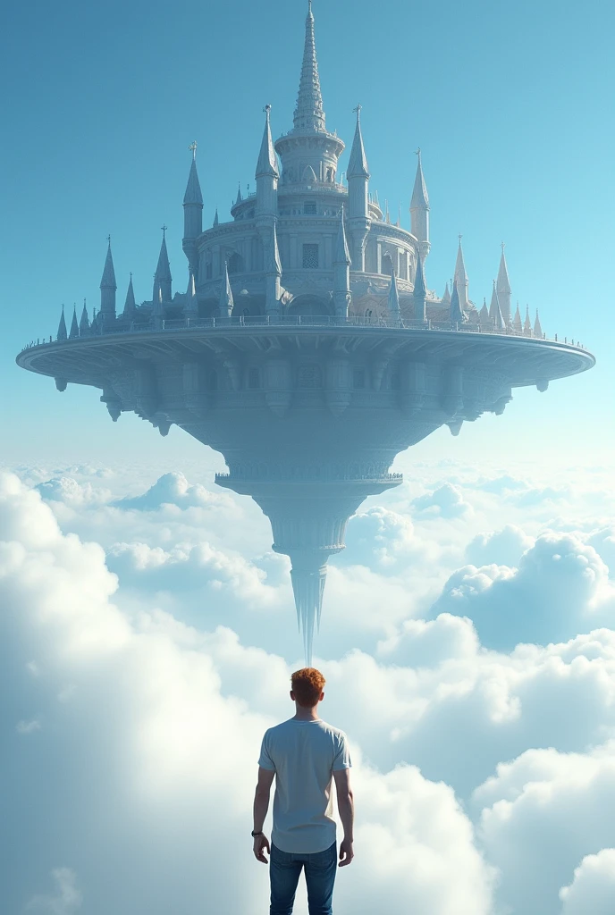 The endless plain covered of cloud. A cinematic medium shot of a man with reddish-blonde hair wearing a t-shirt and jeans. He is between the fluffy white clouds, knee-deep in clouds, and looking at a beautiful, magnificent flying fantasy city with intricate details. The city is floating in the air above the clouds.  The background is a clear blue sky. The city has a heptagonal symmetrical shape, the corner towers are connected to the central part by galleries and passages. The city is both a defensive structure and a masterpiece of architecture. It has a futuristic look, but at the same time fantasy fairy tale outlines. (high resolution, high detail, best quality),
(masterpiece:1.2,Highest quality,Ultra-high resolution,Very detailed,Realistic,Ultra-high resolutionのカメラ),8k,wallpaper, A cool, sci-fi look,,masterpiece,Highest quality,Ultra-high resolution,(Super detailed),8k,Realistic,Best aesthetics,beautiful,(dynamic,Great impact:1.2), (HDR:1,2), high contrast.