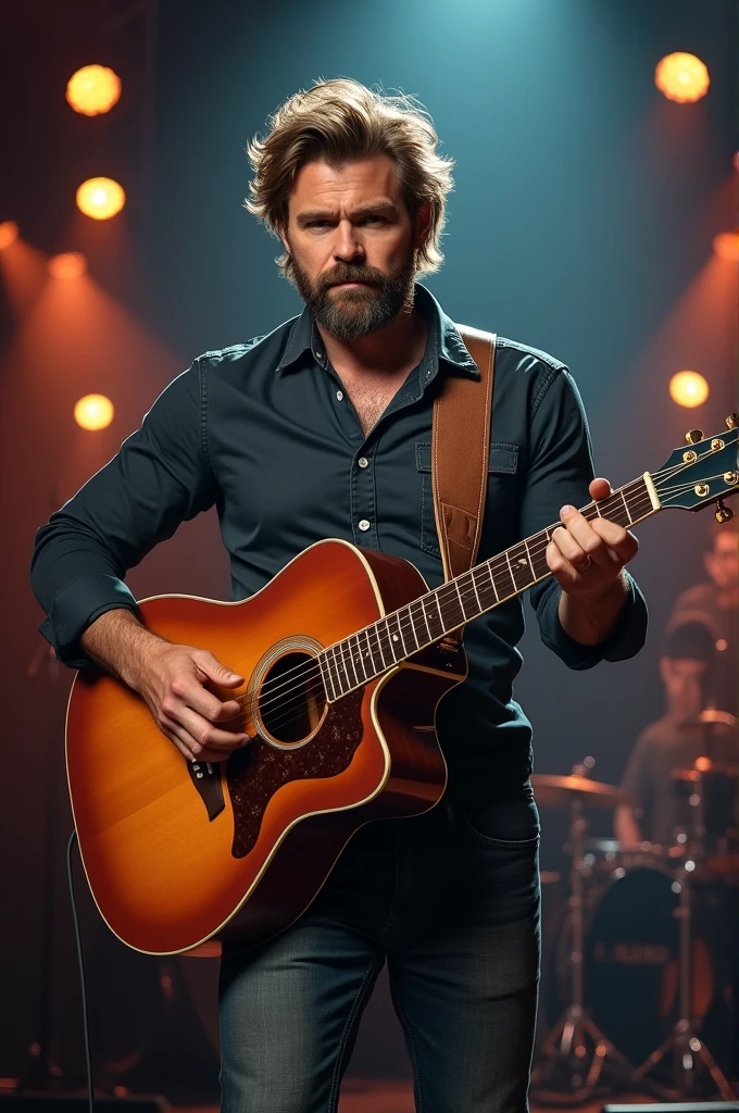 create a country singer style: Gustavo Lima, handsome, Cao Cao, beard and regua, tufty hair, light brown, wearing tight pants, tight shirts