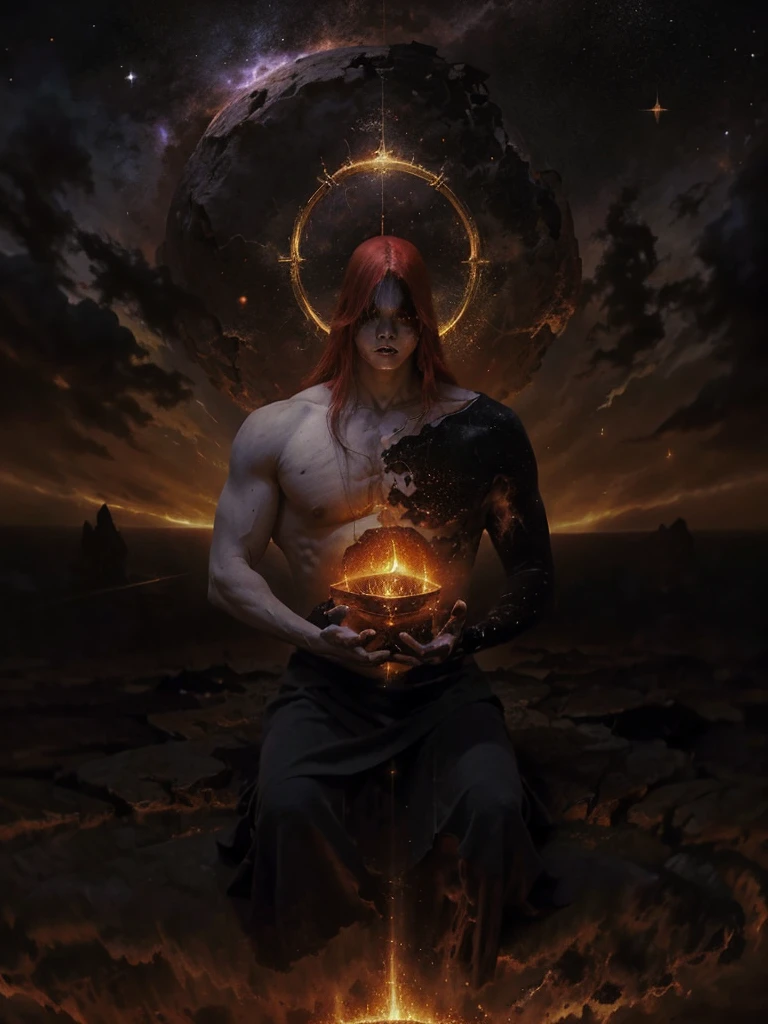 Create a highly detailed and atmospheric digital painting of a cosmic dark entity meditating in a lotus position on the surface of a barren planet. The entity has a shadowy, featureless face and a muscular humanoid body covered in dark organic tendrils that appear to flow and twist around it.. A bright red crystal is embedded in his chest, pulsating with dark energy. Above the head of the entity, A spinning purple and black cosmic vortex with a glowing mystical orb at its center radiates power, Shedding an ethereal light. The background features a vast star-filled galaxy with purple nebulas and distant cosmic phenomena., creating a sense of infinite space and power. The lighting is dark and sinister, and the main sources of light are the glowing red crystal and the mystical orb. The overall color palette is dominated by deep purples., black and touches of red, evoking a sense of cosmic mystery and power.