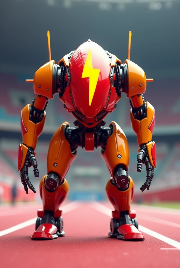 Create an Olympic mascot of a character who is about to start a race, It must be a robot that has the colors red and yellow and on its chest it must have the logo of a lightning bolt