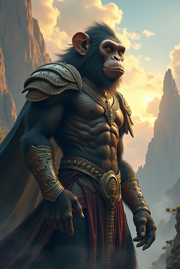 a powerful humanoid monkey, detailed face with big eyes, long eyebrows, strong jawline, muscular body, wearing ornate jeweled armor, epic fantasy landscape with mountains, clouds, glowing magical energy, cinematic dramatic lighting, digital art, concept art, hyper detailed, 8k, photorealistic