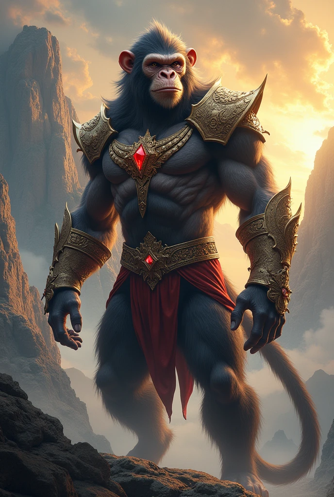 a powerful humanoid monkey, detailed face with big eyes, long eyebrows, strong jawline, muscular body, wearing ornate jeweled armor, epic fantasy landscape with mountains, clouds, glowing magical energy, cinematic dramatic lighting, digital art, concept art, hyper detailed, 8k, photorealistic