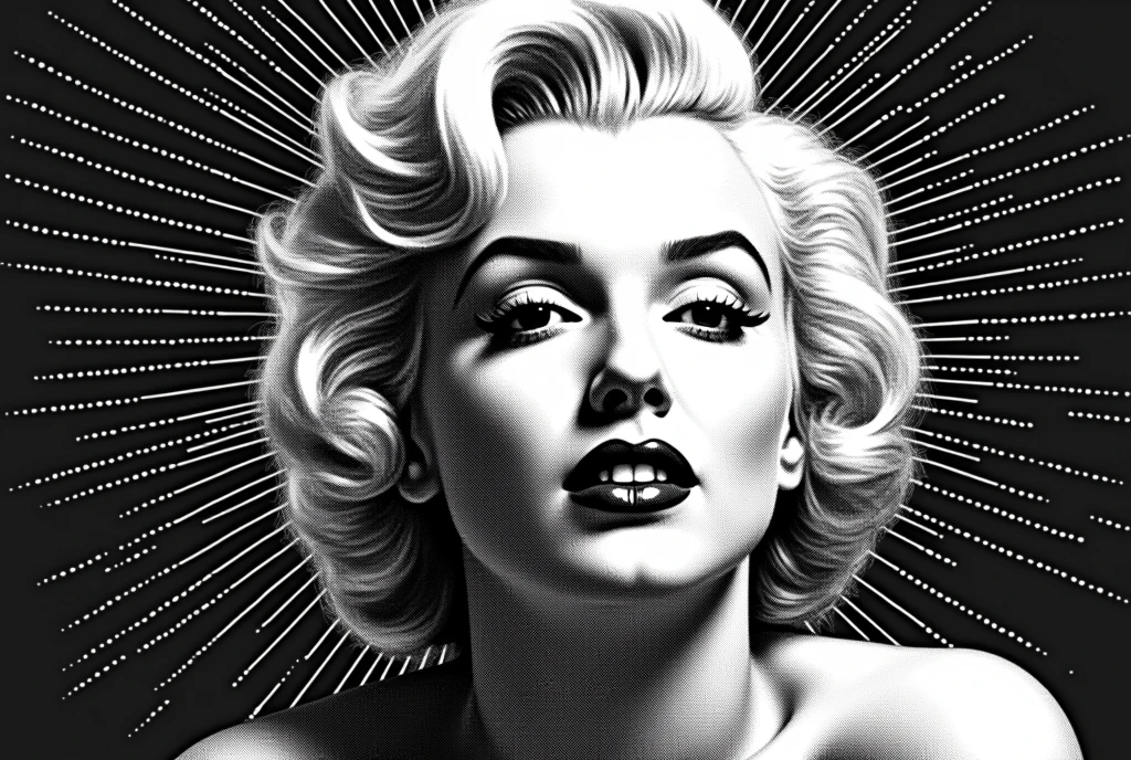 A captivating monochrome upper body portrait of Marilyn Monroe, expertly photographed with a halftone effect. The predominantly black and white color scheme gives the portrait an air of elegance and sophistication. Thin concentric dotted lines radiate outwards from the center, giving the portrait depth and three-dimensionality. Well-defined facial features, such as the eyes and lips, stand out in the pattern, drawing the viewer into the finery of the image.