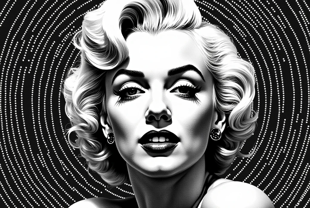 A captivating monochrome upper body portrait of Marilyn Monroe, expertly photographed with a halftone effect. The predominantly black and white color scheme gives the portrait an air of elegance and sophistication. Thin concentric dotted lines radiate outwards from the center, giving the portrait depth and three-dimensionality. Well-defined facial features, such as the eyes and lips, stand out in the pattern, drawing the viewer into the finery of the image.
