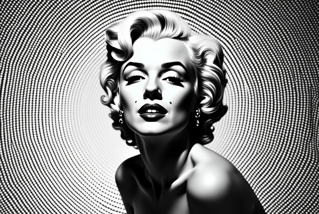 A captivating monochrome upper body portrait of Marilyn Monroe, expertly photographed with a halftone effect. The predominantly black and white color scheme gives the portrait an air of elegance and sophistication. Thin concentric dotted lines radiate outwards from the center, giving the portrait depth and three-dimensionality. Well-defined facial features, such as the eyes and lips, stand out in the pattern, drawing the viewer into the finery of the image.