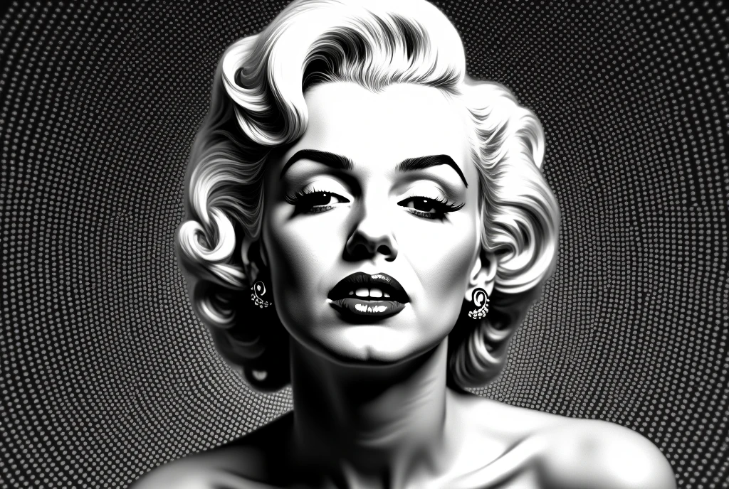 A captivating monochrome upper body portrait of Marilyn Monroe, expertly photographed with a halftone effect. The predominantly black and white color scheme gives the portrait an air of elegance and sophistication. Thin concentric dotted lines radiate outwards from the center, giving the portrait depth and three-dimensionality. Well-defined facial features, such as the eyes and lips, stand out in the pattern, drawing the viewer into the finery of the image.