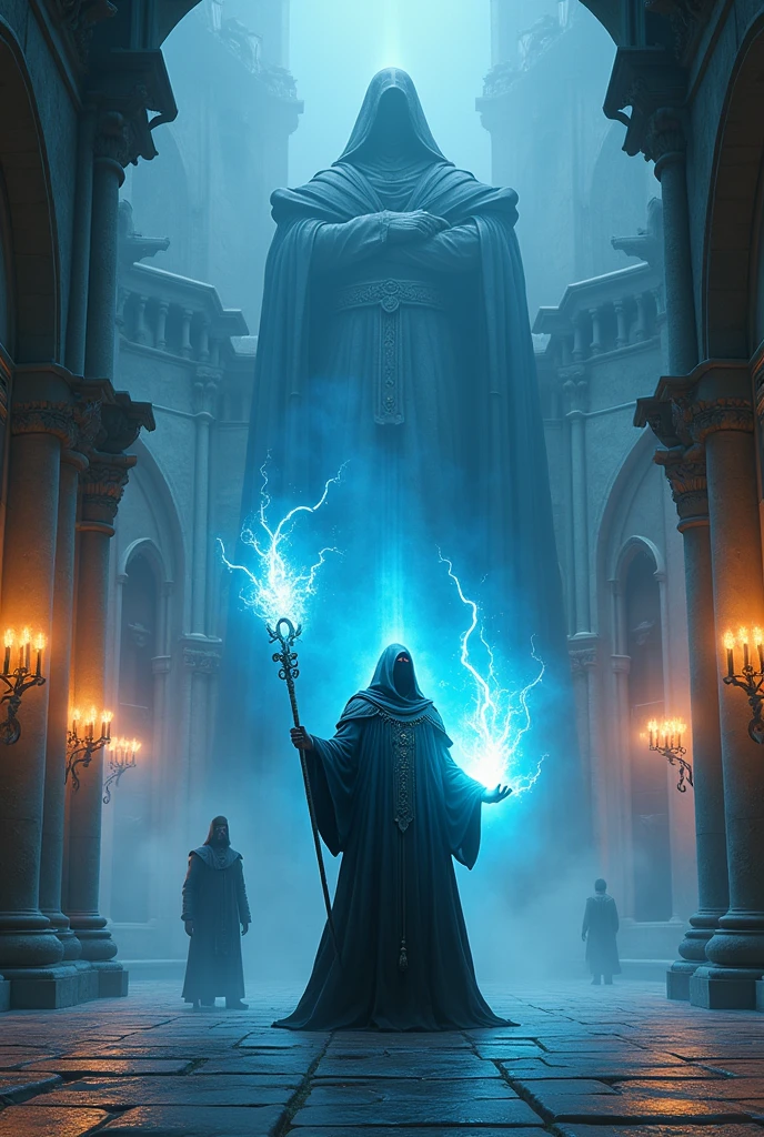 In a courtyard of a mages college, a powerful wizard with ash-colored skin and fiery red eyes, adorned in intricate robes and a wizard's cowl, confidently stands with a large, glowing magic staff in hand. His other hand emits a piercing azure light reaching towards an approaching figure, his gaze intense. Set against a backdrop of imposing stone architecture, a massive statue looms ominously behind them. The entire scene is infused with subtle film grain, vibrant color grading, and a carefully choreographed interplay of controlled natural and artificial lighting.