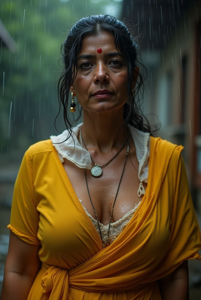Photo of Hot Indian Mature Aunty with Dark skin , Body Wet In Rain, Wearing Tight yellow Kurti and White stole tied around her neck, U Cut Cleavage, Hair tied behind, Bra visible.