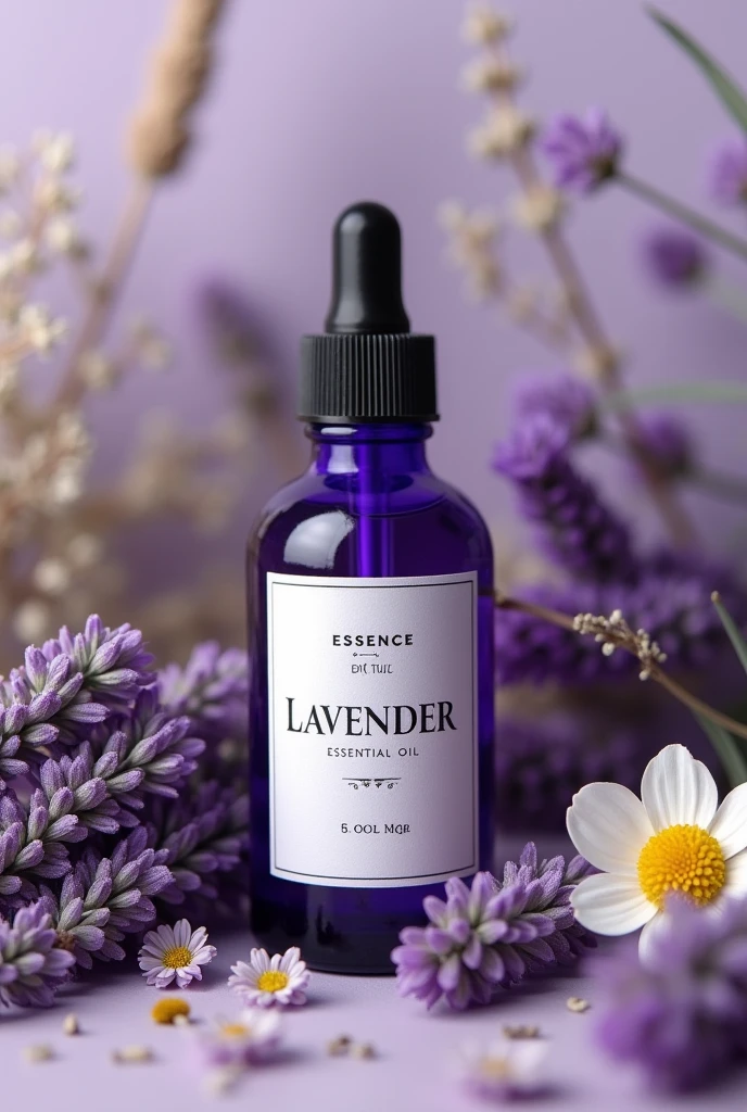 A bottle of lavender essential oil from the company &#39;essence vital&#39; surrounded by dried flowers emphasizing naturalness