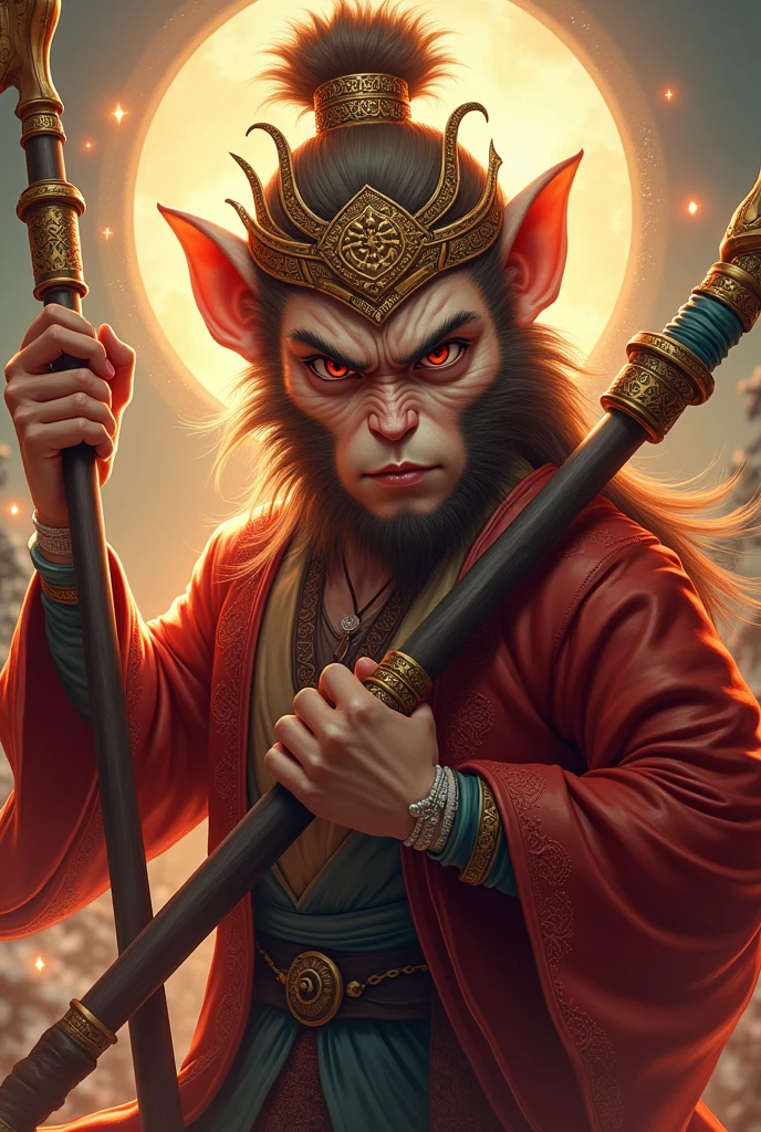 (Sun Wukong, a powerful ??? Monkey King, detailed portrait, beautiful detailed eyes, beautiful detailed lips, extremely detailed face and features, long eyelashes, muscular body, dynamic pose, staff in hand, detailed wrinkles, fur details, dramatic lighting, ornate golden headpiece, ancient Chinese setting, vibrant colors, cinematic, intricate details, hyper-realistic, photorealistic, 8k, best quality)