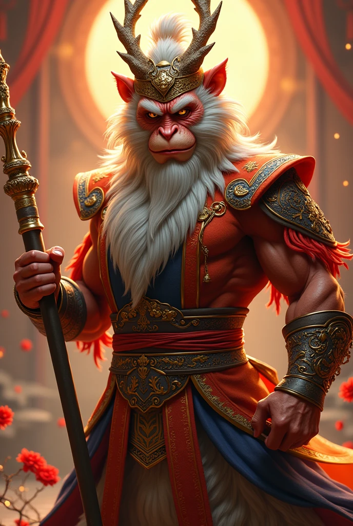 (Sun Wukong, a powerful ??? Monkey King, detailed portrait, beautiful detailed eyes, beautiful detailed lips, extremely detailed face and features, long eyelashes, muscular body, dynamic pose, staff in hand, detailed wrinkles, fur details, dramatic lighting, ornate golden headpiece, ancient Chinese setting, vibrant colors, cinematic, intricate details, hyper-realistic, photorealistic, 8k, best quality)
