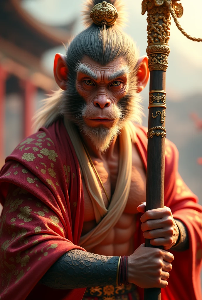 (Sun Wukong, a powerful kid Monkey King, detailed portrait, beautiful detailed eyes, beautiful detailed lips, extremely detailed face and features, long eyelashes, muscular body, dynamic pose, staff in hand, detailed wrinkles, fur details, dramatic lighting, ornate golden headpiece, ancient Chinese setting, vibrant colors, cinematic, intricate details, hyper-realistic, photorealistic, 8k, best quality)