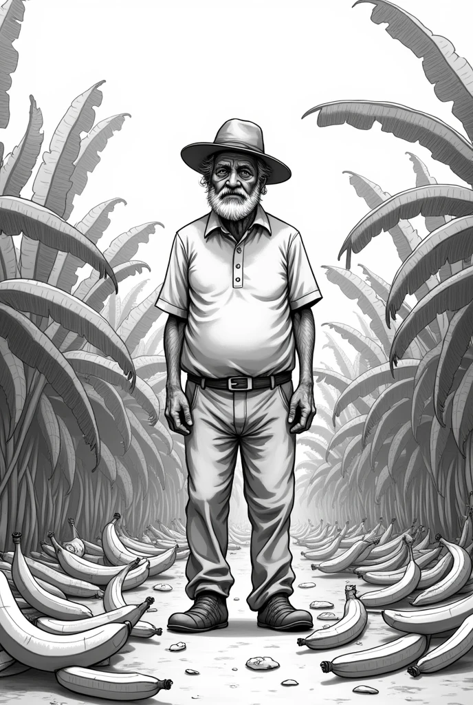 Create an easy to draw black and white drawing, of a slightly older man with a beard and a hat, worried and sad, in a banana plantation as he found them destroyed and fallen to the ground, On the ground you throw out fallen bananas and make the man sad and worried while he watches them , Put a hat on him and more bananas on the ground , That image is fine, just put what I just told you. , He places banana plants around him and the man looks at the bananas on the ground with sadness , Place more bananas on the ground and watch them. , but put them all down , Take them away from being together and put them individually but quite a bit , Place the man in a standing position but staring at the bananas on the ground, with a sad face , Place the smaller bananas . Put more bananas and the man looks sad , Place a lot of bananas on the ground
