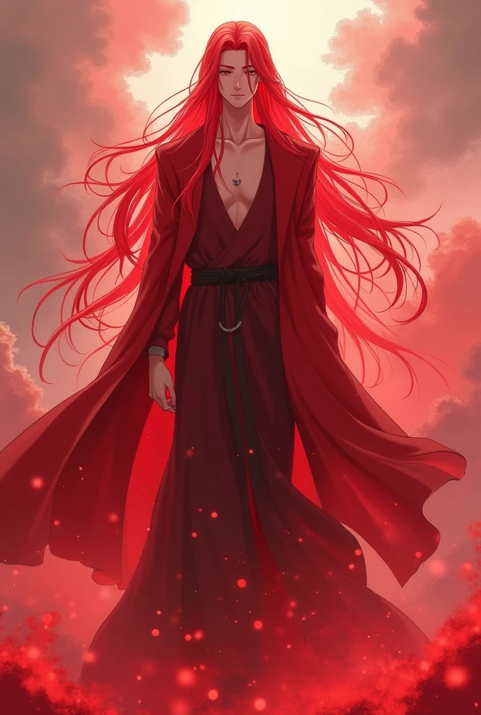 can create an image of a simple man character with the meaning with Ryuzaiko Araten, and with long hair like Yoriichi from Demon Slayer with the same characteristics, mainly the red color.