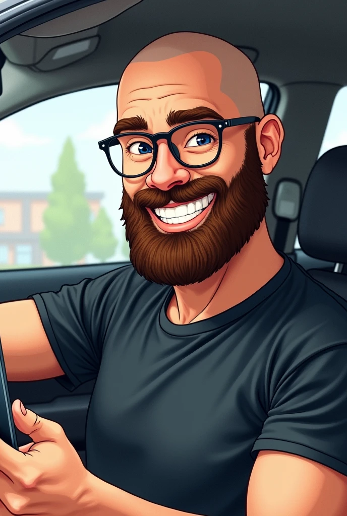 create a Disney style drawing, and Pixar watercolor of a 30 year old white man with a smooth head all shaved bald,  Smiling holding a mobile phone in his hand. he is wearing a black t-shirt,  wearing prescription glasses. square and oval face at the same time. background inside a car. shaved head, and bearded. thin face, without wrinkle, big curly beard